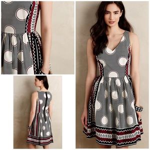 Anthropologie Maeve Moonsong V Neck Pleated Skirt Dress Maroon Black White